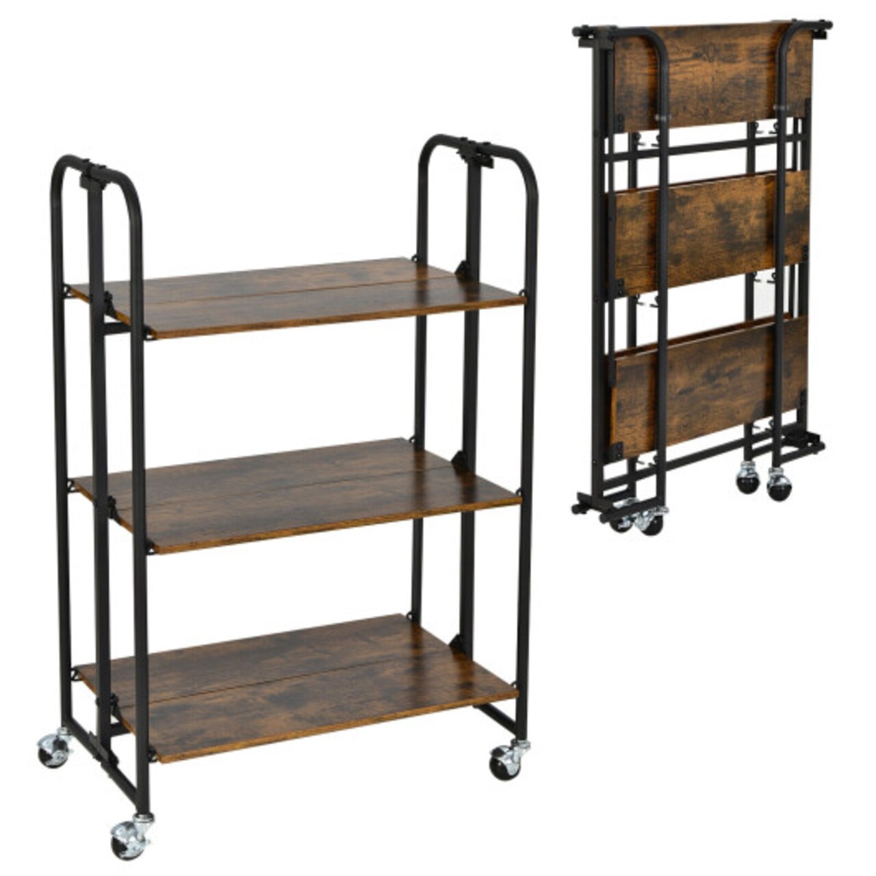 Rustic Brown Wooden Foldable Rolling Cart with Metal Frame and Storage Shelves Suitable to Any Room
